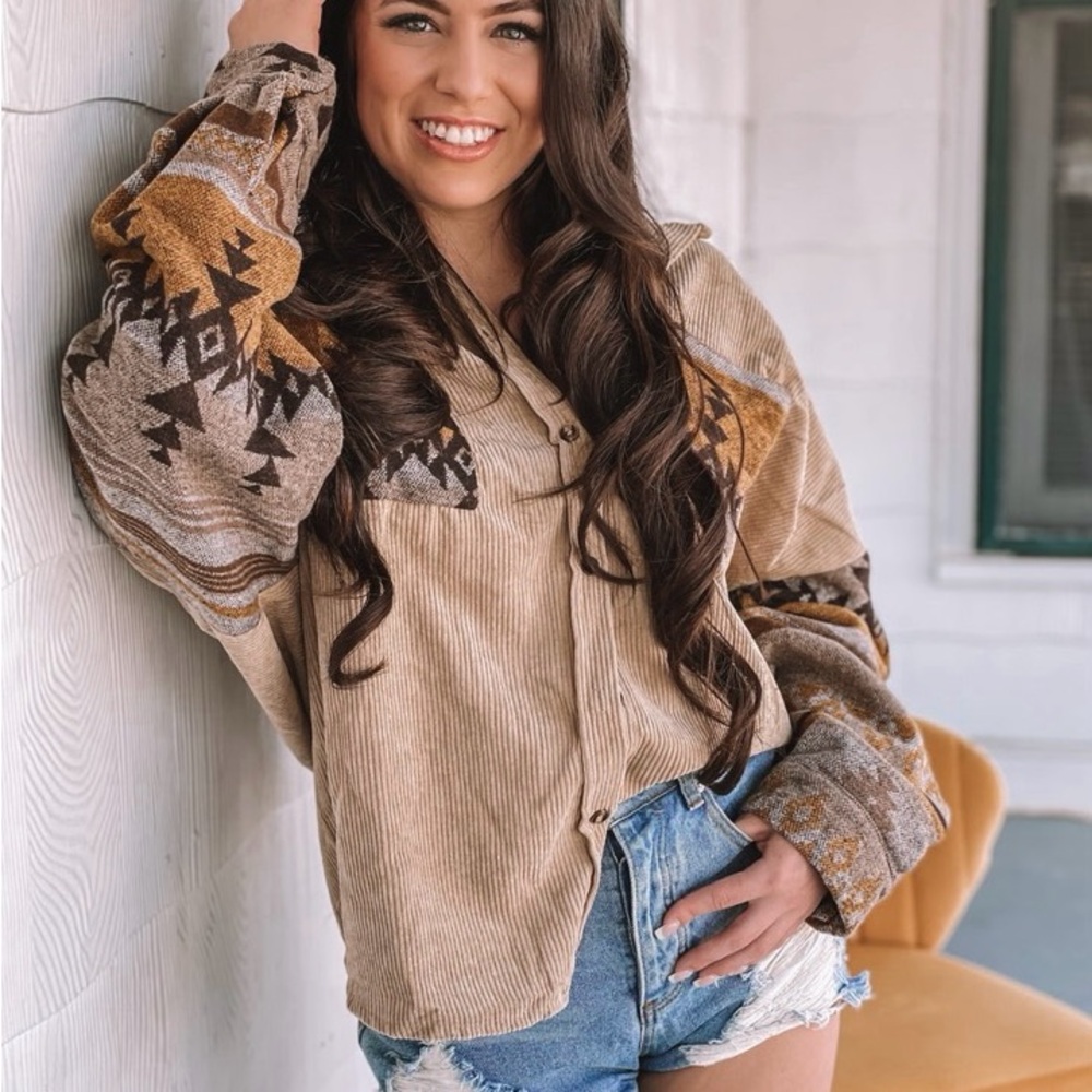 Women's Tan and Brown Patterned Corduroy Shirt